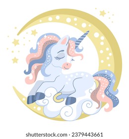 Cute happy unicorn sleeping on a cloud and moon. Vector illustration in cartoon style is ideal for printing and decor kids clothes, fabrics, souvenirs, stickers.Isolated character on white background