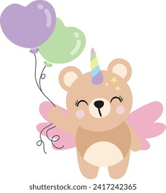 Cute happy unicorn teddy bear holding balloons
