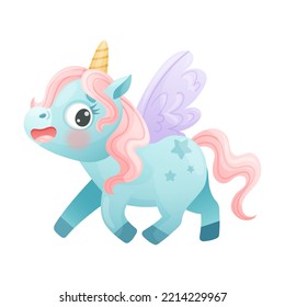 Cute Happy Unicorn with Wings and Pink Mane Walking Vector Illustratio