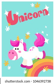 Cute Happy Unicron Jumping on Magic Rainbow Poster. Cartoon Style Vector Illustration