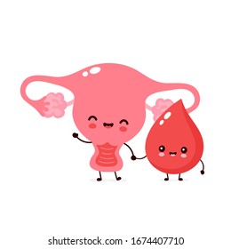 Cute Happy Uterus Organ And Blood Drop. Vector Cartoon Character Illustration.Isolated On White Background