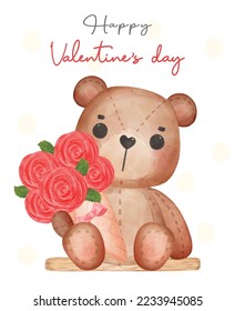 cute Happy Valentine brown teddy bear doll hug bouquet of roses,  adorable cartoon watercolor hand drawn vector illustratrion 