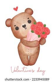 cute Happy Valentine brown teddy bear hug bunch of roses flower, adorable cartoon watercolor hand drawn vector illustratrion 