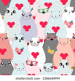 Cute Happy valentine teddy bear seamless pattern Cute cartoon Character,Happy love theme in spring and summer scene,illustration vector by freehand doodle