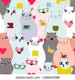 Cute Happy valentine teddy bear seamless pattern Cute cartoon Character,Happy love theme in spring and summer scene,illustration vector by freehand doodle