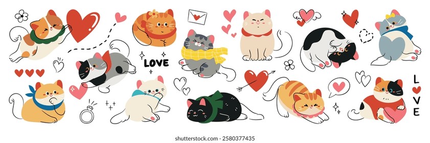 Cute Happy Valentines cat doodle vector set. Cartoon cat or kitten characters design collection with flat color in different poses. Set of love event pet animals isolated on white background.