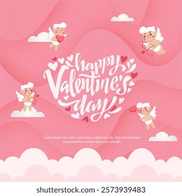 Cute Happy Valentine's Day 2025 Handwritten Text Lettering with Cupid Skying on the Cloud Background.  Valentine's Day Greeting with 3D Pink Background. Vector Illustration