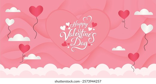 Cute Happy Valentine's Day 2025 Typography Banner with Flying Hearts on the Cloud Background. Best for Sweet and Romantic Moments like Valentine's Day, Birthday and Mother Day. 