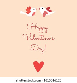 Cute happy Valentine`s Day card with two birds in the air and nice red monospaced lettering