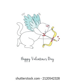 Cute Happy Valentines Day card template. Funny cat cupid aiming at someone with an arrow. Cartoon illustration isolated on a white background. Vector 10 EPS.