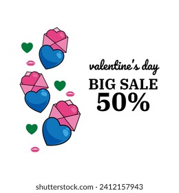 Cute happy valentines day set. Cartoon love romantic stickers elements with hearts. Hand drawn vector illustration
