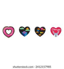 Cute happy valentines day set. Cartoon love romantic stickers elements with hearts. Hand drawn vector illustration