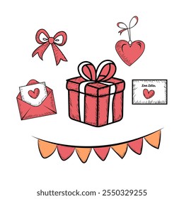 Cute Happy Valentines Day Set. Cartoon Love Romantic Stickers Elements With Hearts. Hand Drawn Vector Illustration