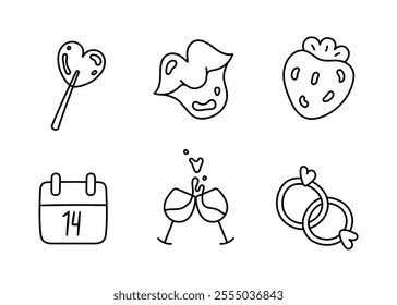 Cute happy Valentines Day set. Linear love romantic Stickers elements with hearts. Heart-shaped lollipop, kiss, strawberry, two glasses of wine, wedding rings. Hand drawn vector illustration