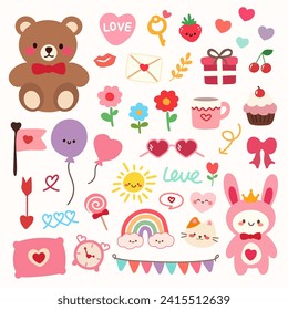 Hübsches Tagestagebuch.Handgezeichnete Vektorgrafik.Cute Objekt Valentine Kollektion mit Bär, Herz, Kaninchen, Band, Geschenk, Ballon.