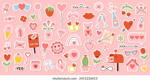 Cute happy valentines day sticker set. Cartoon love romantic elements with hearts for poster and greeting cards. Hand drawn vector illustration