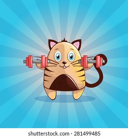 Cute and happy vector cat with dumbbells
