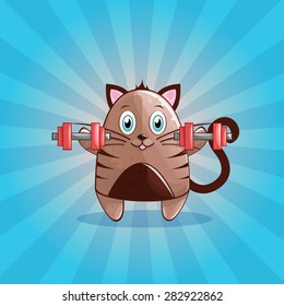 Cute and happy vector cat with dumbbells