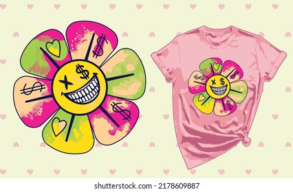 cute happy vector flower with dollar icon and t shirt .