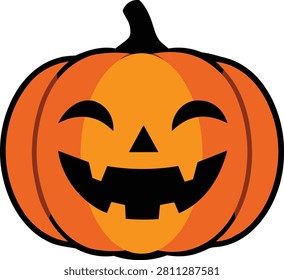 A cute and happy vector illustration of a cartoon Halloween jack-o'-lantern pumpkin with joyful laughing eyes and a wide toothy grin, isolated.