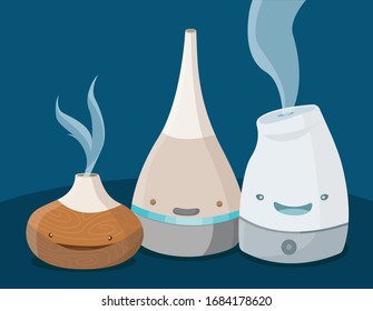 Cute happy vector illustration of different kinds of electronic essential oil diffusers