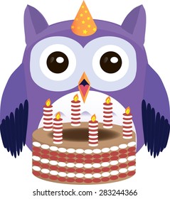 Cute and happy vector purple owl celebrate birthday.
