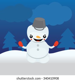 Cute happy vector snow man character, christmas cheer spirit, on a flat vector background