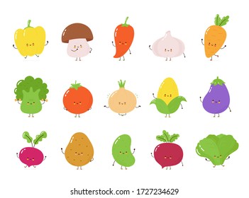 Cute happy vegetables character set collection. Vector cartoon character illustration icon design.Isolated on white background. Funny smile cute vegetables,healthy organic green food cartoon icon set