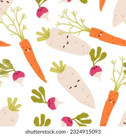 Cute happy vegetables characters, seamless pattern. Endless background, funny carrots, daikon, radish smiling. Healthy food, veggies, repeating print. Childish printable flat vector illustration