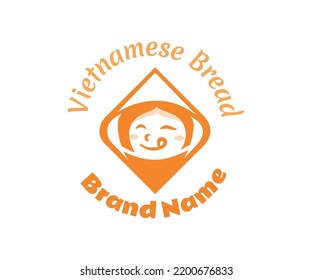 Cute happy Vietnamese girl wearing a traditional Asian conical hat and Vietnamese bread vector Logo. Perfect for cultural concept, Vietnamese bread, bread shop, restaurant, food icon logo design.