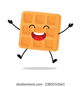 Cute happy waffle cartoon. Funny victory jump celebration food cartoon emoticon in flat style. closet vector illustration