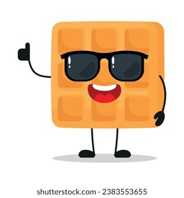 Cute happy waffle cartoon wear sunglasses. Funny food greet friend cartoon emoticon in flat style. closet vector illustration