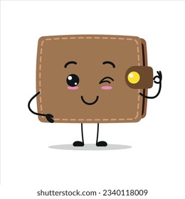 Carácter lindo y feliz de la cartera. Divertido emoticono de caricatura sonriente y parpadeante en estilo plano. ilustración de vector de emoticonos financieros