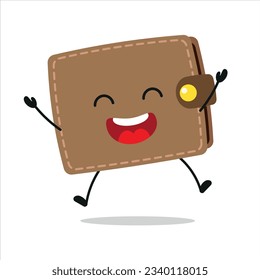 Carácter lindo y feliz de la cartera. Divertido emoticono de caricatura de salto en estilo plano. ilustración de vector de emoticonos financieros