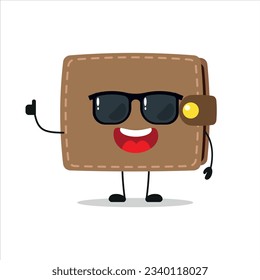 Un personaje alegre de la monedero lindo usa gafas de sol. Divertido monedero saluda emoticono de dibujos animados de amigos en estilo plano. ilustración de vector de emoticonos financieros