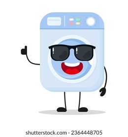 Cute happy washing machine character wear sunglasses. Funny home appliance greet friend cartoon emoticon in flat style. bag vector illustration