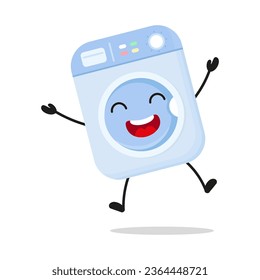 Cute happy washing machine character. Funny victory jump celebration home appliance cartoon emoticon in flat style. bag vector illustration