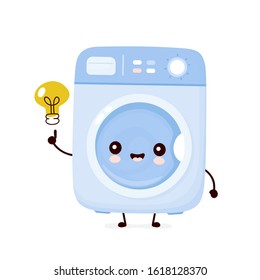 Cute happy washing machine with idea light bulb. Vector flat cartoon character illustration icon design.Isolated on white background. Washing machine character concept