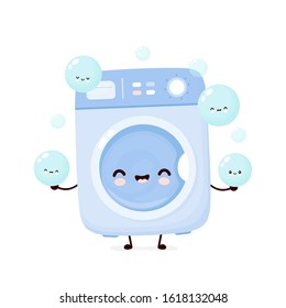 Cute happy washing machine juggle foam bubble. Vector flat cartoon character illustration icon design.Isolated on white background. Washing machine character concept