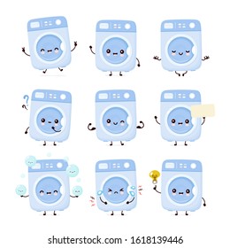 Cute happy washing machine set collection. Vector flat cartoon character illustration icon design.Isolated on white background. Washing machine character bundle concept