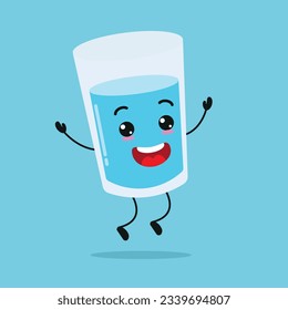 Cute happy water glass character. Funny victory celebration jump glass cartoon emoticon in flat style. water emoji vector illustration