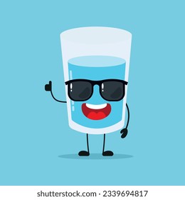 Cute happy water glass character wear sunglasses. Funny glass greet friend cartoon emoticon in flat style. water emoji vector illustration