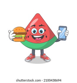 Cute Happy Watermelon With Burger Cartoon Vector Illustration. Fruit Mascot Character Concept Isolated Premium Vector