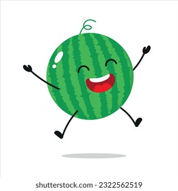 Cute happy watermelon character. Funny jump watermelon cartoon emoticon in flat style. Fruit emoji vector illustration