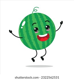 Cute happy watermelon character. Funny jump watermelon celebration cartoon emoticon in flat style. Fruit emoji vector illustration