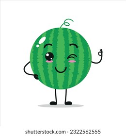 Cute happy watermelon character. Funny smiling and blink watermelon cartoon emoticon in flat style. Fruit emoji vector illustration