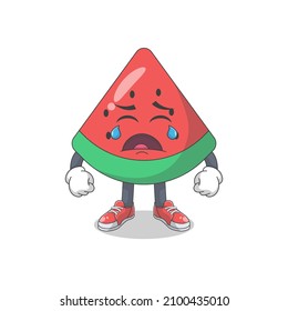 Cute Happy Watermelon Crying Cartoon Vector Illustration. Fruit Mascot Character Concept Isolated Premium Vector