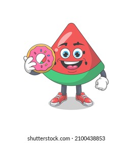 Cute Happy Watermelon With Donuts Cartoon Vector Illustration. Fruit Mascot Character Concept Isolated Premium Vector