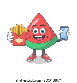 Cute Happy Watermelon With French Fries Cartoon Vector Illustration. Fruit Mascot Character Concept Isolated Premium Vector