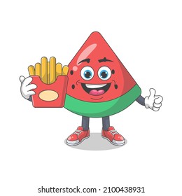 Cute Happy Watermelon With French Fries Cartoon Vector Illustration. Fruit Mascot Character Concept Isolated Premium Vector